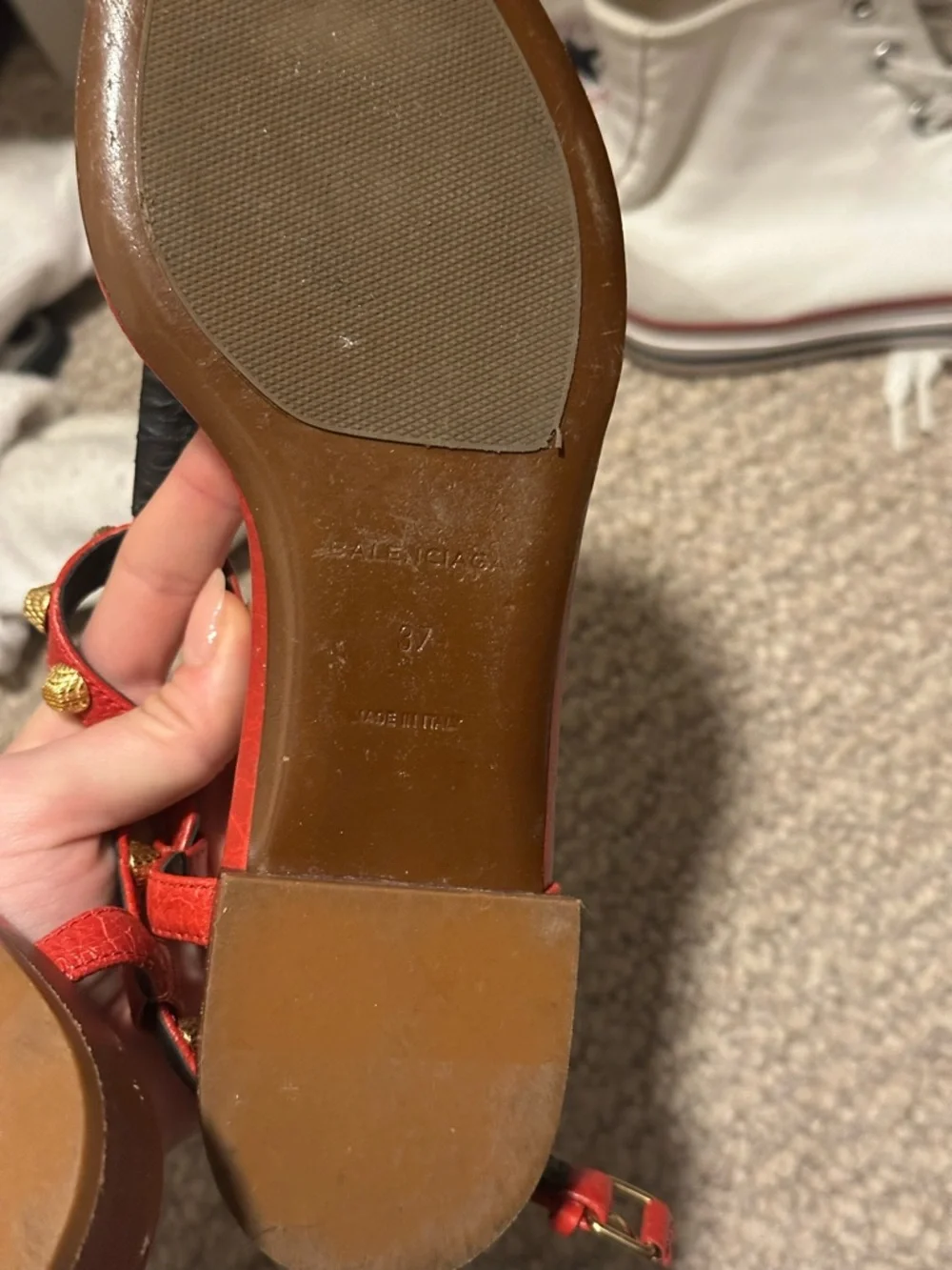 Balenciaga Red Leather Studded T-Strap Sandals with Gold Accents - Picture 2 of 5